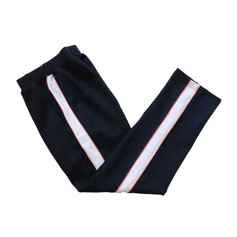 藏蓝色校裤两细白杠中间夹宽橘杠橙色杠桔条边春秋款单裤校服裤子
