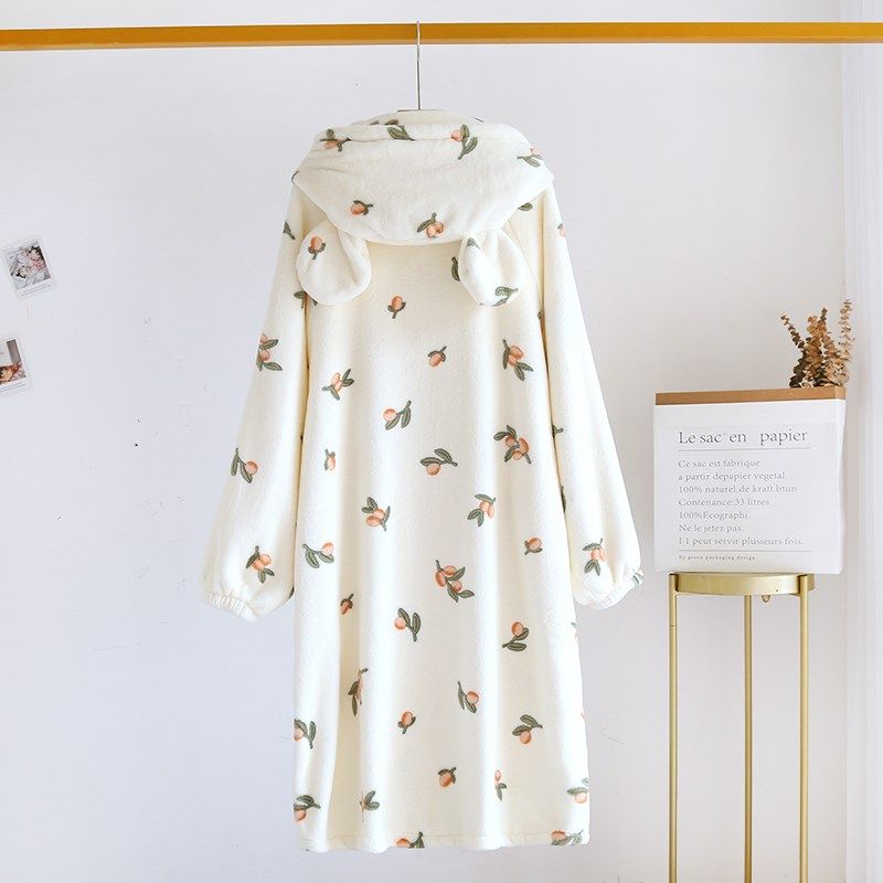 小清新~女款秋冬季加厚珊瑚绒中长款连帽浴袍宽松法兰绒睡裙睡袍