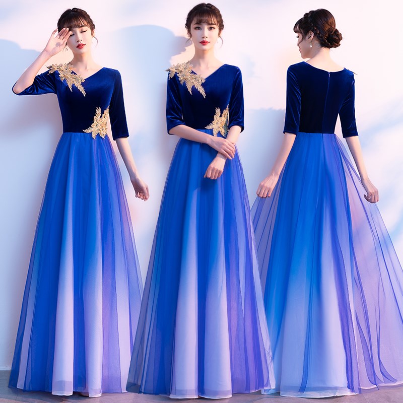 元旦大合唱团演出服女成人长裙红歌诗歌朗诵比赛服装主持人晚礼服