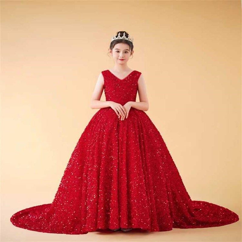 女童礼服公主裙高端儿童主持人钢琴演出服红色花童婚礼小女孩婚纱