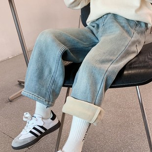 女童裤子冬装2024新款儿童秋冬洋气时髦加绒加厚牛仔裤女孩休闲裤