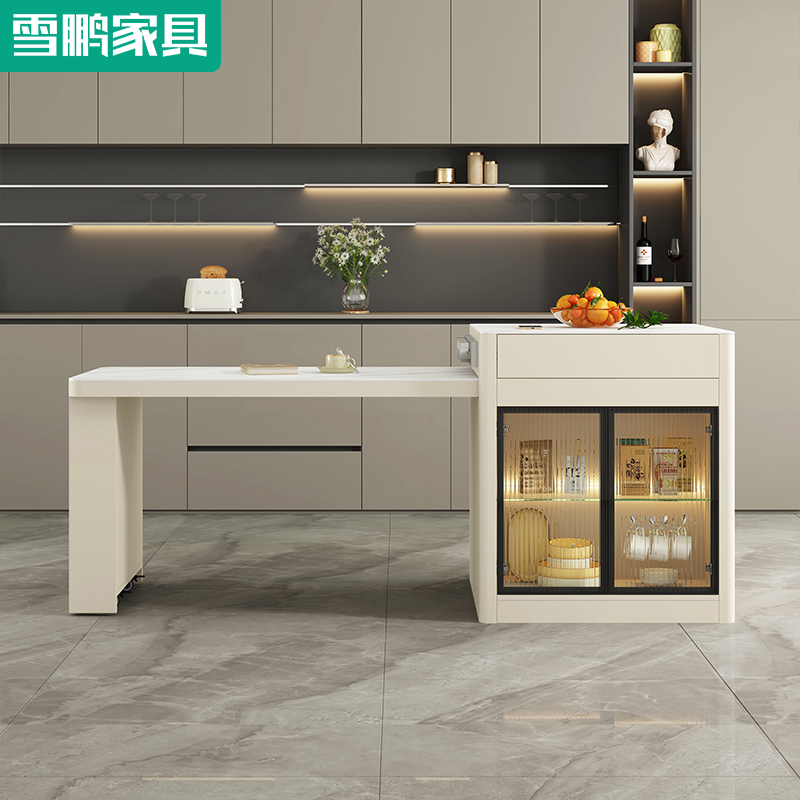 奶油风悬浮岛台餐桌一体可伸缩吧台厨房小户型定制岩板茶桌饭桌