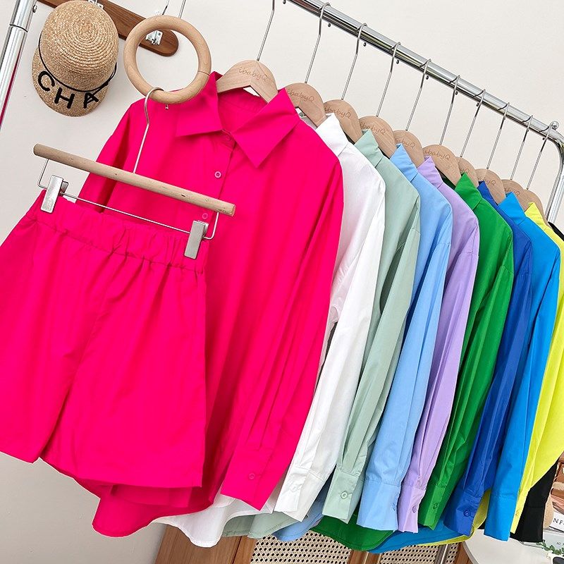 宽松休闲polo领单排扣长袖衬衫+松紧腰显瘦阔腿裤休闲裤两件套女,女装/女士精品,时尚套装,淘宝优惠券,粉丝福利购,淘宝优惠卷