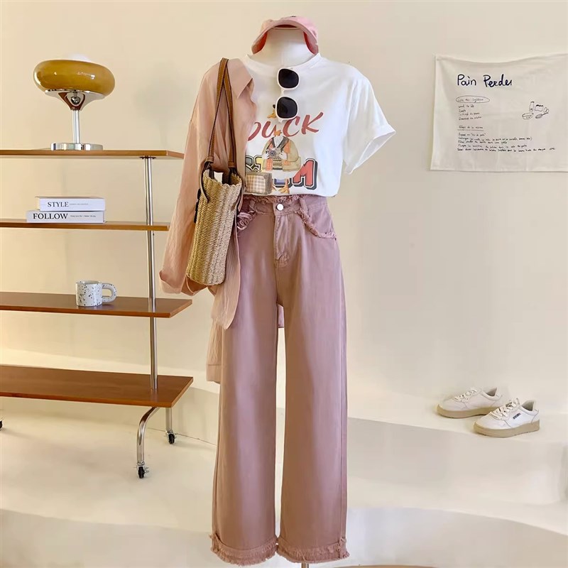 胖mm大码女装粉色毛边阔腿牛仔裤女宽松显瘦百搭小个子九分直筒裤