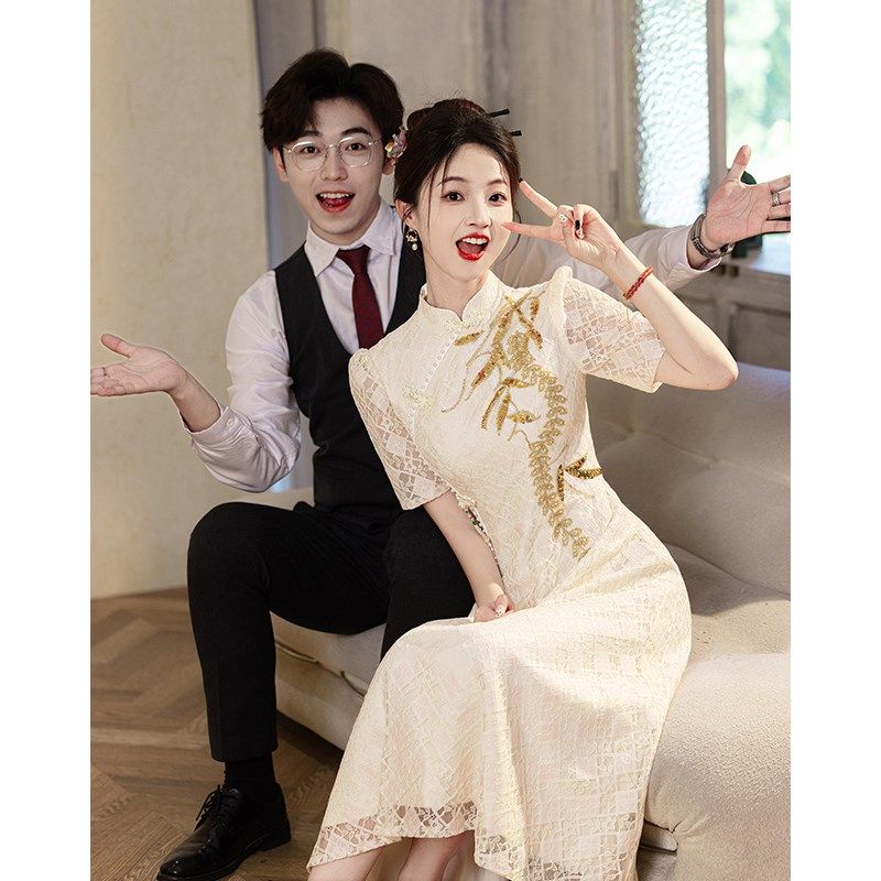 新中式旗袍订婚礼服裙女秋2024新款小个子气质高级感连衣裙敬酒服