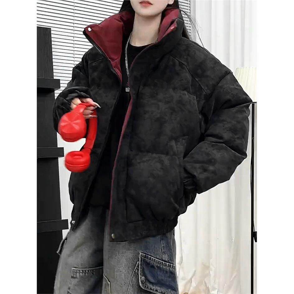 冬季新款拼色PU皮羽绒服男免洗加厚立领面包服情侣装休闲外套百搭