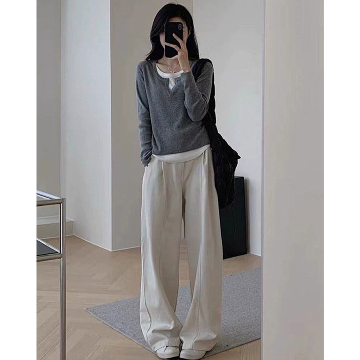早秋chic上衣黑色假两件V