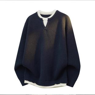 老钱风毛衣男士宽松休闲2025新款秋季针织假两件v领冬季卫衣男款