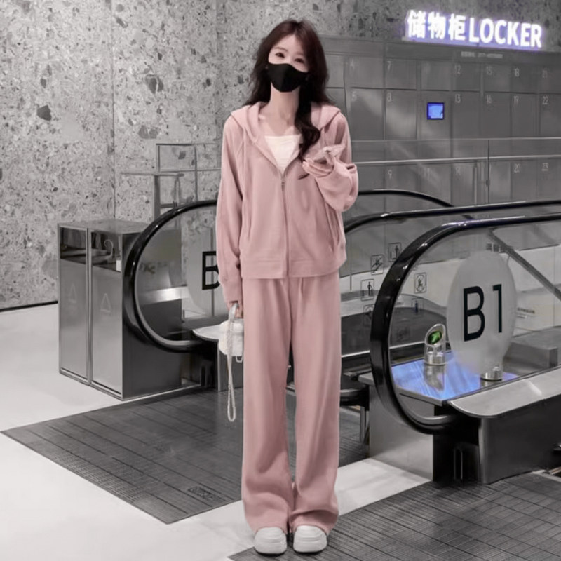 2025新款小个子奶系穿搭一整套女秋冬季粉色休闲运动卫衣两件套装