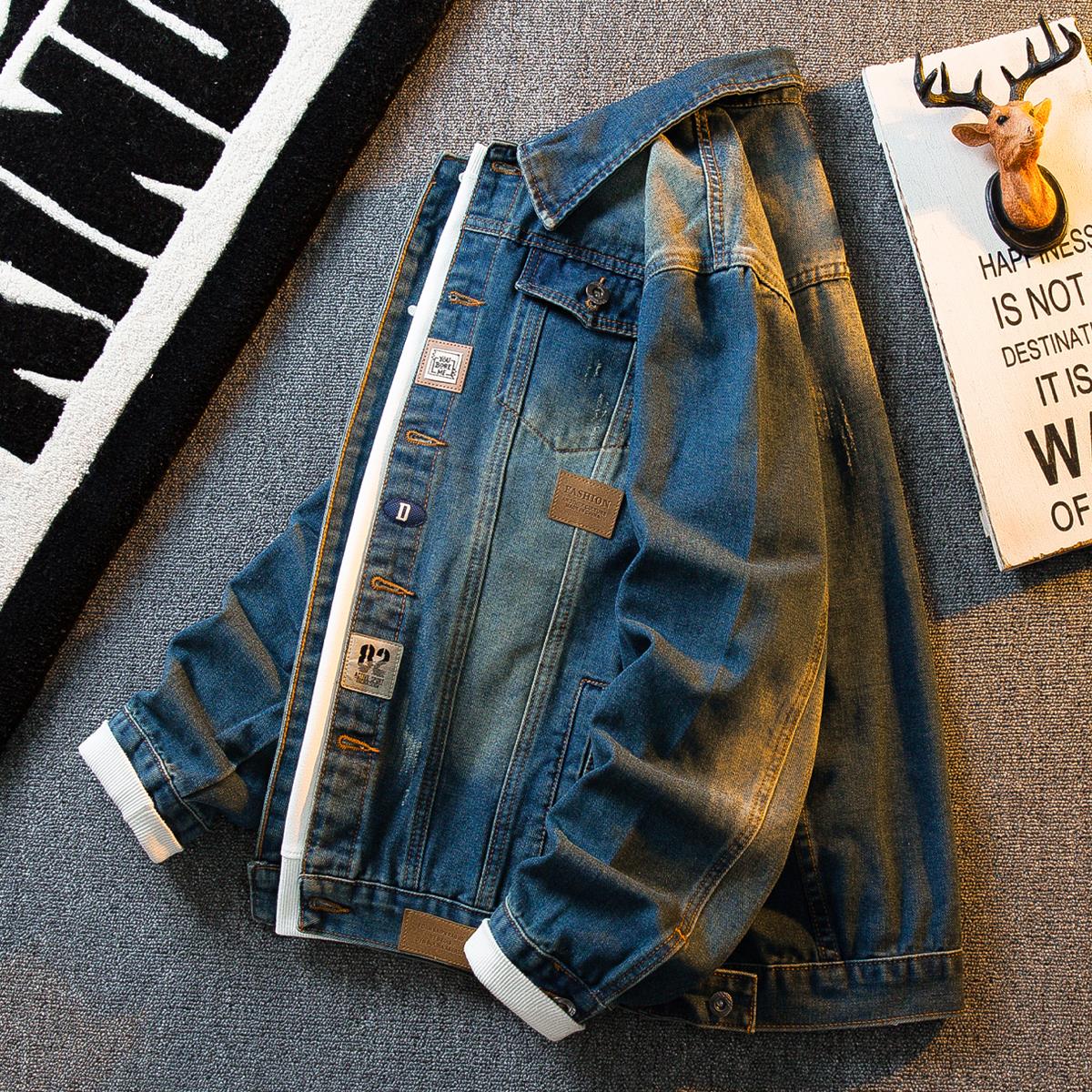 HPCP高端水洗做旧复古牛仔外套男士秋季新款贴标翻领工装夹克衣服