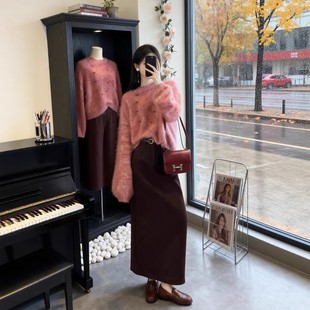 巨好看秋冬穿搭一整套针织套装裙女慵懒风粉色毛衣连衣裙子两件套