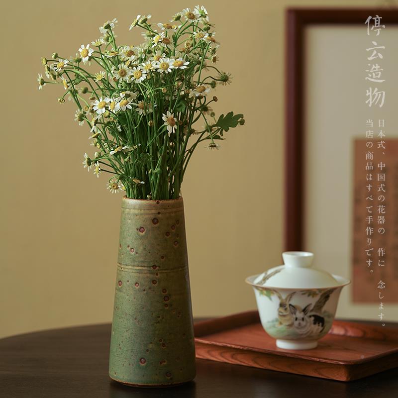 日式侘寂风粗陶小瓶古朴复古花中古陶器厅瓷花家居客绿色YMQ插花