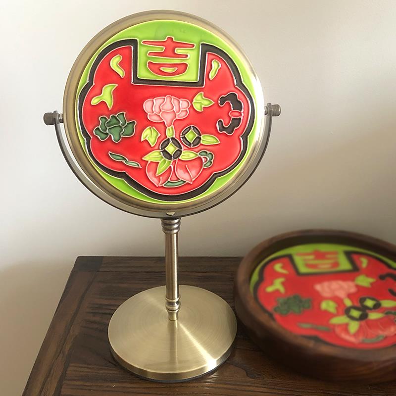 创生活件创意RAT台镜式文高清化妆镜瓷板画桌面梳妆台摆子360度旋