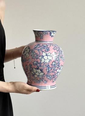 青花瓷复古陶瓷轻花瓶摆件客厅KVC鲜花插花陶罐奢感装品中新式饰