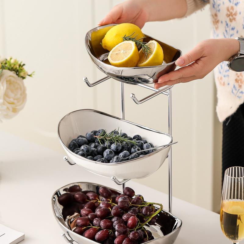 轻颜奢工瓷果盘家用多DH-8563层水果盘高值陶干果盘电镀艺元宝糖