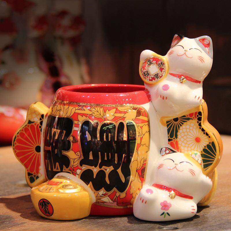 复古中国笔筒瓷笔陶筒摆件创意礼品商务文创招財招财猫瓷86534/86