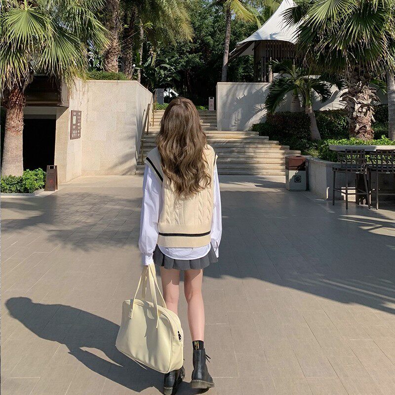 JK套装学院风衬衫两件套新款毛衣背心针织马甲女春秋外搭英伦风