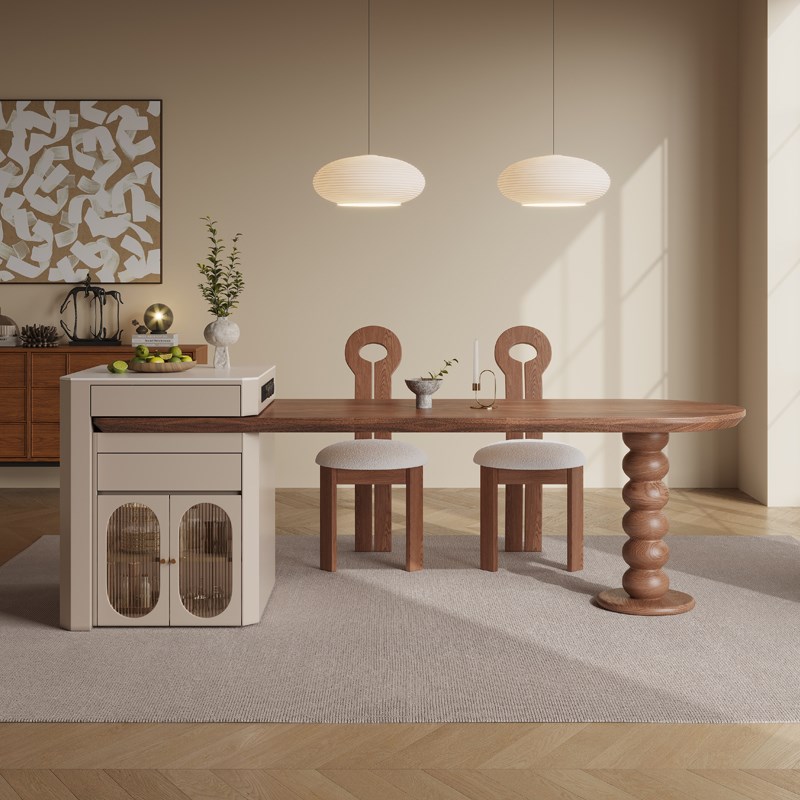 中古风胡桃色岛台餐桌一体可伸缩家用厨房齐平实木多功能高级倒台