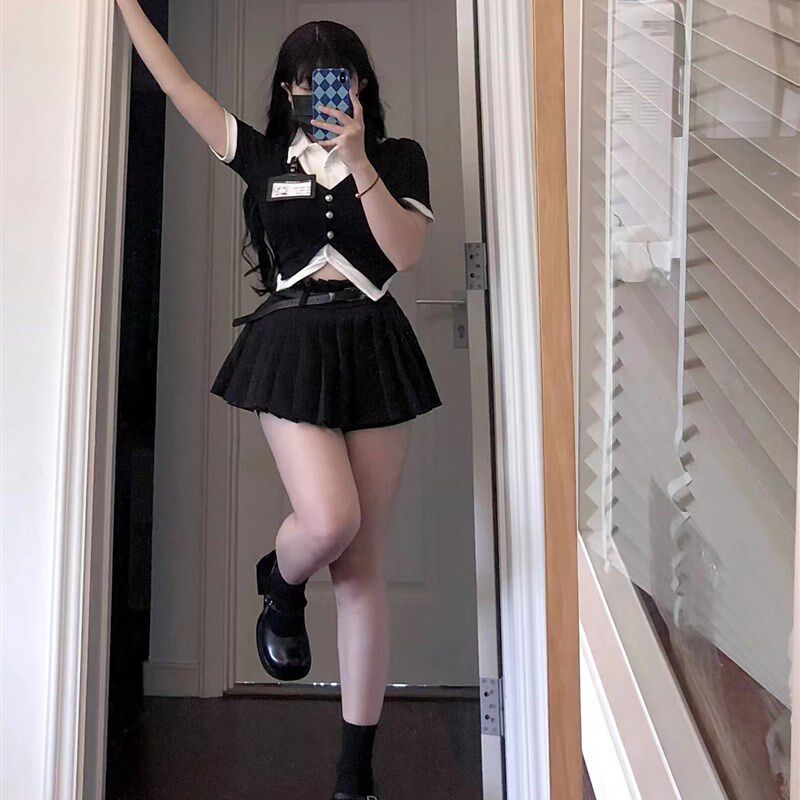 大码胖MM学院风jk套装女假两件短款衬衫夏季高腰百褶短裤裙两件套