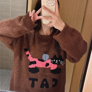 加厚软绵绵睡衣女冬可爱猫咪半边绒家居服大码胖mm200斤保暖套装