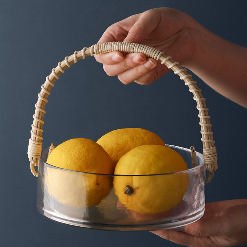 态生活北欧简约藤编水果盘客厅茶几点心盘零食干果盘提手玻璃果篮