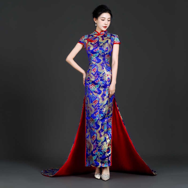 新款走秀旗袍长款舞台演出服拖尾中国风复古改良修身显瘦连衣裙女