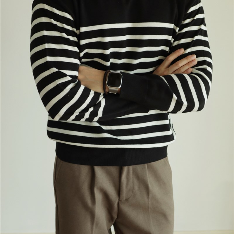 YUXIAN双股细毛复古条纹海魂衫针织衫毛衣长袖打底圆领男士秋冬季