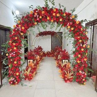 农村婚礼开业整场花艺布置地排花路引花红色系中国风婚庆拱门花门