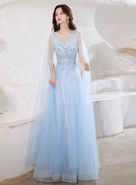 蓝色小晚礼服裙2024新款艺考主持人高级感大合唱团古筝演出服成人