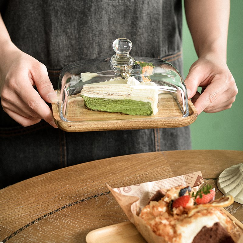 日式木质蛋糕盘家用水果盘点心收纳盘带玻璃罩创意甜品台展示托盘