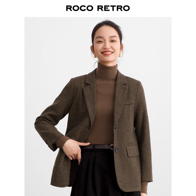 时髦书呆子风 含50%羊毛 复古人字纹毛呢夹棉西装夏季加厚外套