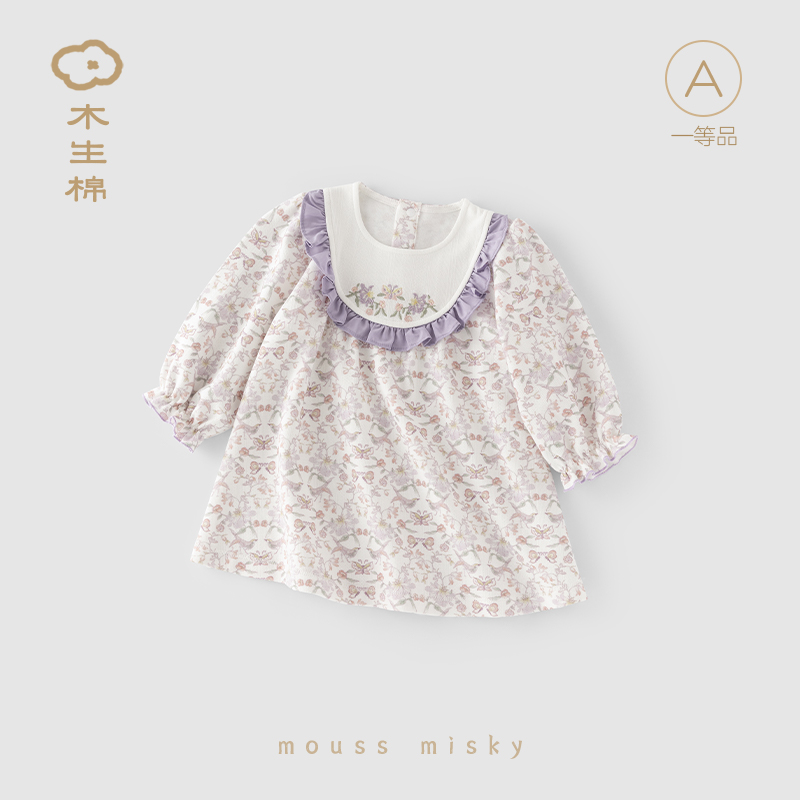 木生棉女宝宝连衣裙春秋季公主碎花可爱外出裙婴儿长袖国风裙子