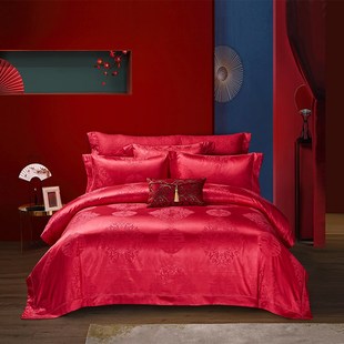 图美寝饰结婚四件套床上用品大红色婚庆床单被套婚嫁提花六件套