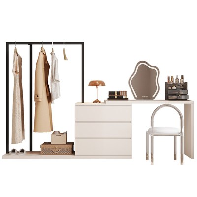 奶油风斗柜衣帽架一体实木梳妆台化妆桌收纳床尾柜落地挂衣架卧室