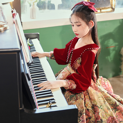 女童生日公主裙儿童高端礼服花童红色小女孩主持人钢琴演出服冬季