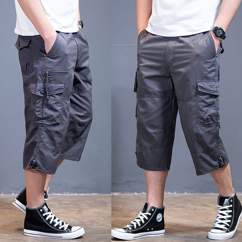 夏季休闲七分裤工装短裤男裤纯棉薄款宽松大码中青年多口袋中裤子