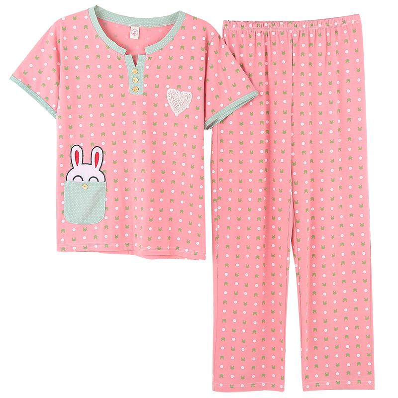 休闲睡衣女夏季短袖长裤薄款套装中老年人妈妈纯棉中年家居服套头