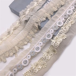 米黄短款双层薄纱拼接小边辅料小清新花色窗帘装饰花边窗饰沙发边