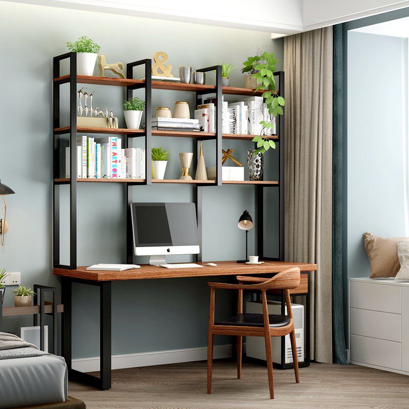 铁艺实木办公桌电脑桌置物架组合书桌书架一体桌工作台双人写字桌