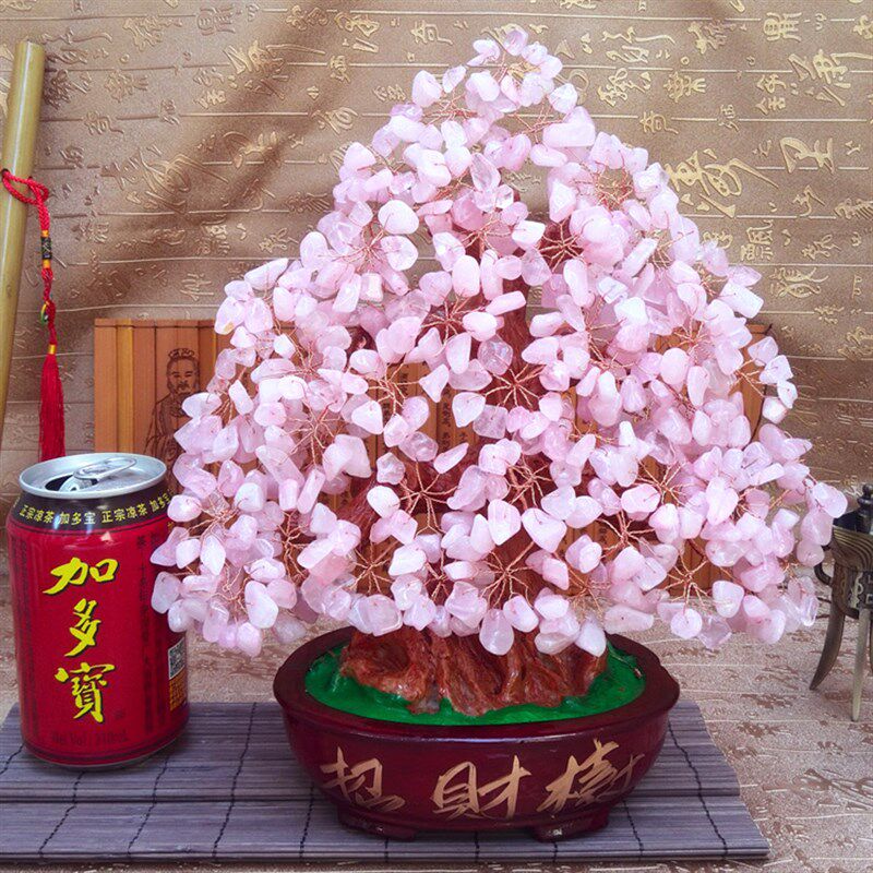 天然粉水晶发财树粉色招桃花摆件送闺蜜结婚礼物婚房装饰品招财树