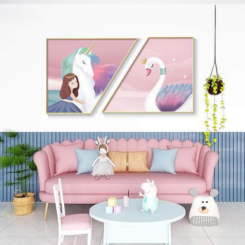 北欧风儿童房装饰画粉色温馨卡通壁画公主女孩房创意梯形卧室挂画
