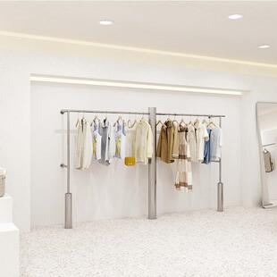 服装店展示架女装货架上墙挂衣杆男童装陈列架不锈钢银色拉丝货架