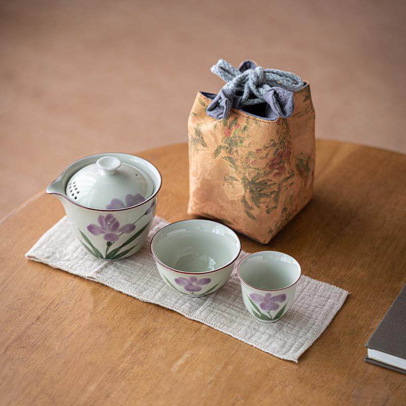 仿古陶瓷手绘鸢尾花功夫旅行茶具套装便携式户外小套茶具