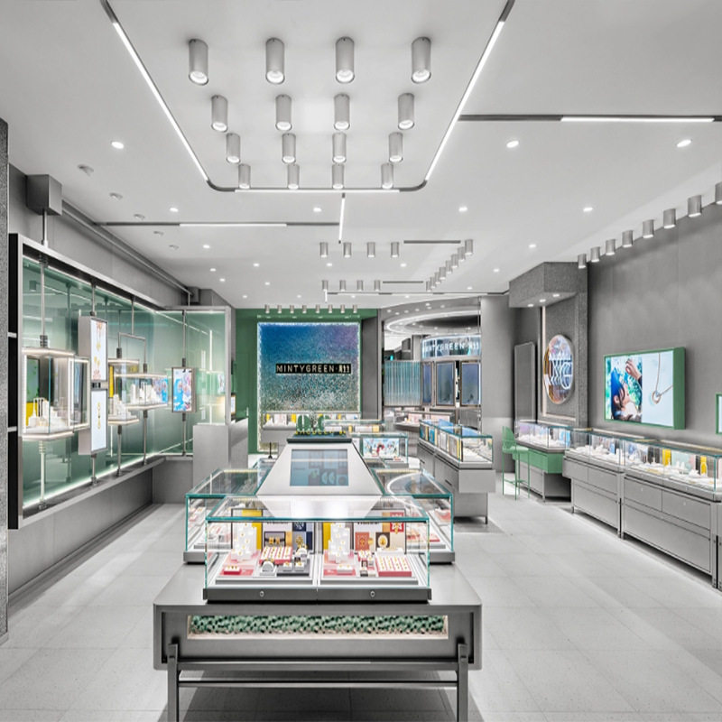 广州厂家直销高端珠宝展示不锈钢饰品柜新款弧形展柜整店输出
