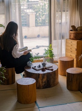 木墩子坐凳实木圆柱艺术民宿落地装饰摆件边几小茶几木桩底座花架