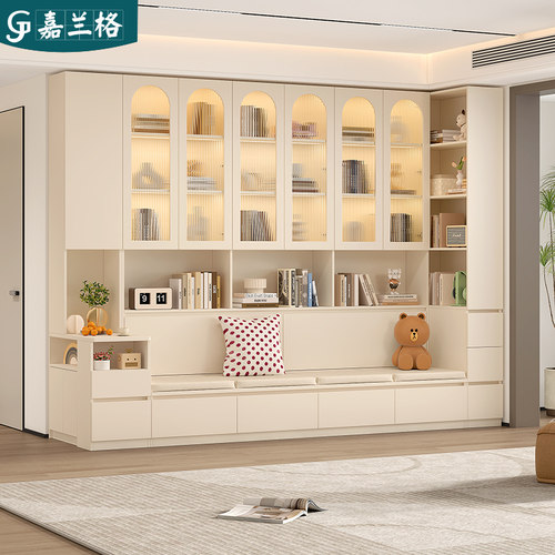 定制客厅卡座沙发书柜一体整墙到顶组合带玻璃门落地展示柜9F61-1