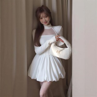 富家千金连衣裙女装秋季高级感纯欲网纱拼接短裙子收腰显瘦蓬蓬裙