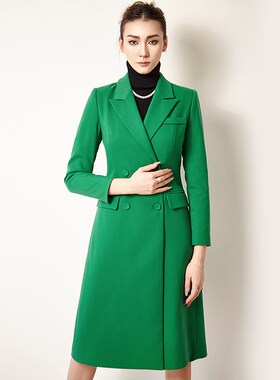 绿色毛呢外套中长款修身西装式呢大衣 绝色时尚秋冬女2024年新款