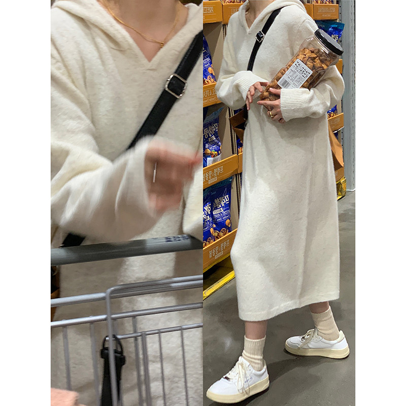 连帽针织连衣裙女秋冬打底长款过连衣裙