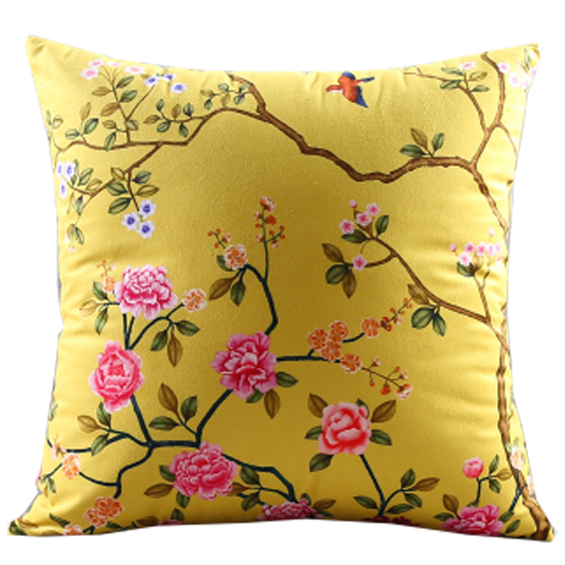 松果屋 新古典中式花鸟沙发抱枕 柔软绒布手绘靠垫装饰靠枕腰靠
